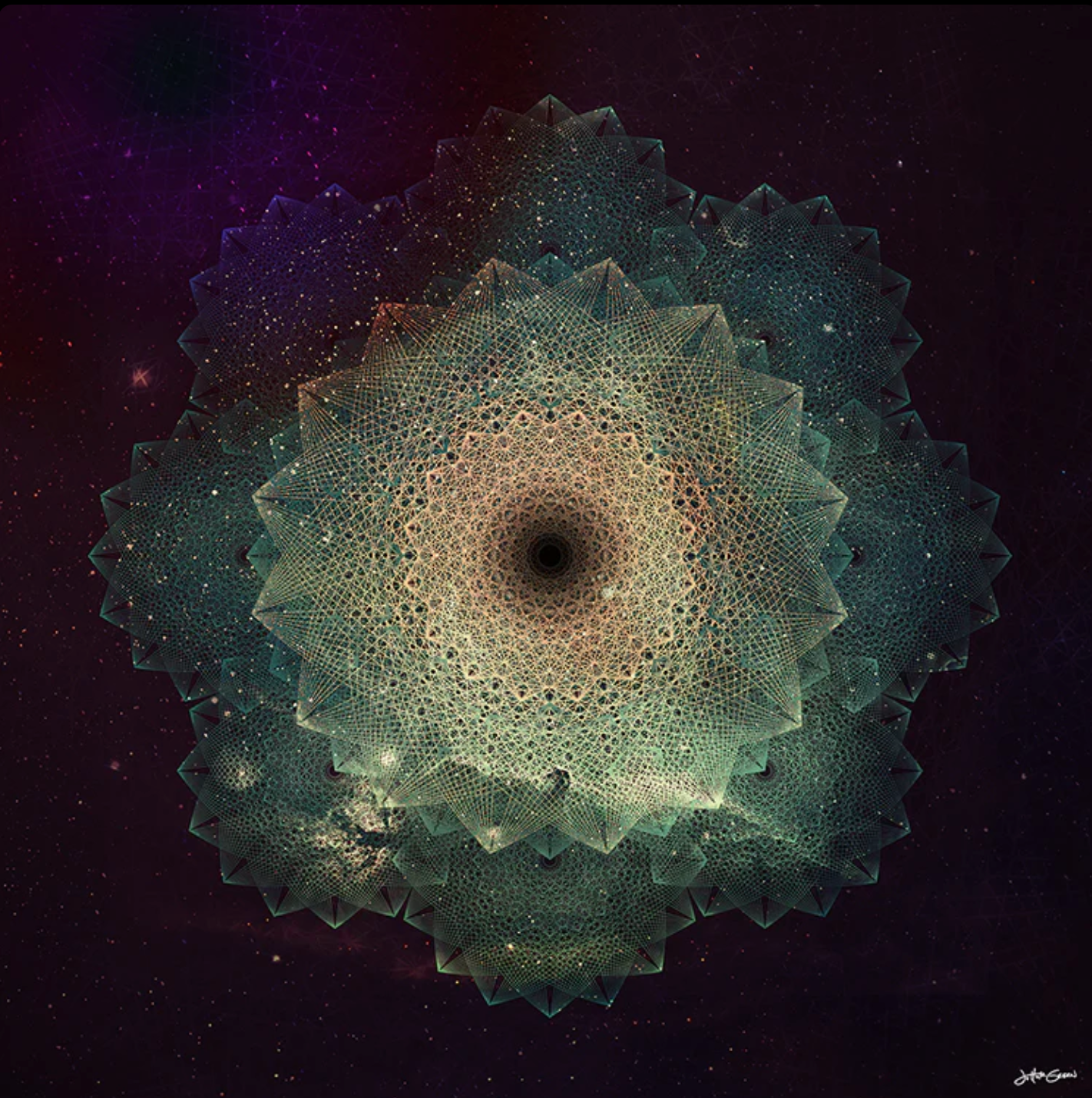 Sacred geometric artwork titled Entwined with mirrored luminous patterns.