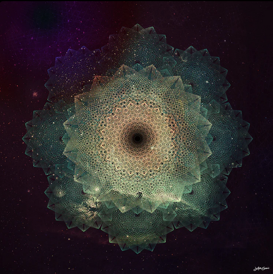 Sacred geometric artwork titled Entwined with mirrored luminous patterns.