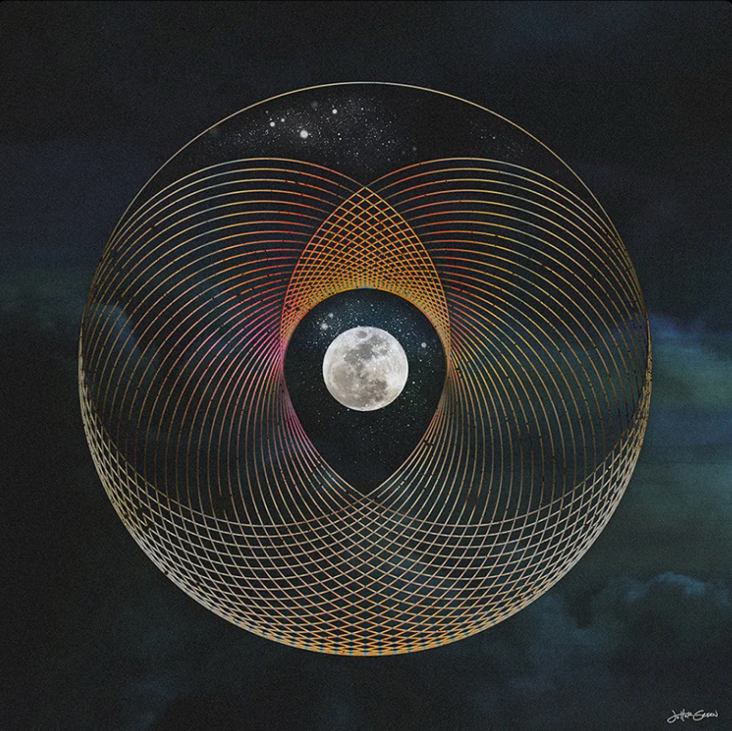 Moon-inspired sacred geometric artwork titled Moon King with cosmic tones