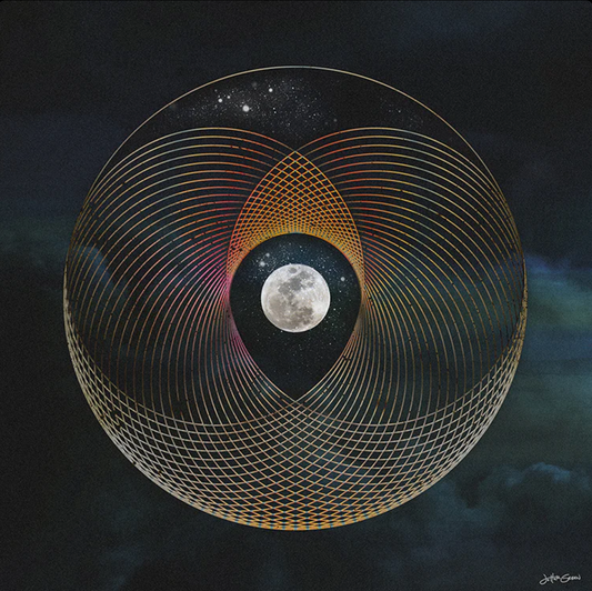Moon-inspired sacred geometric artwork titled Moon King with cosmic tones