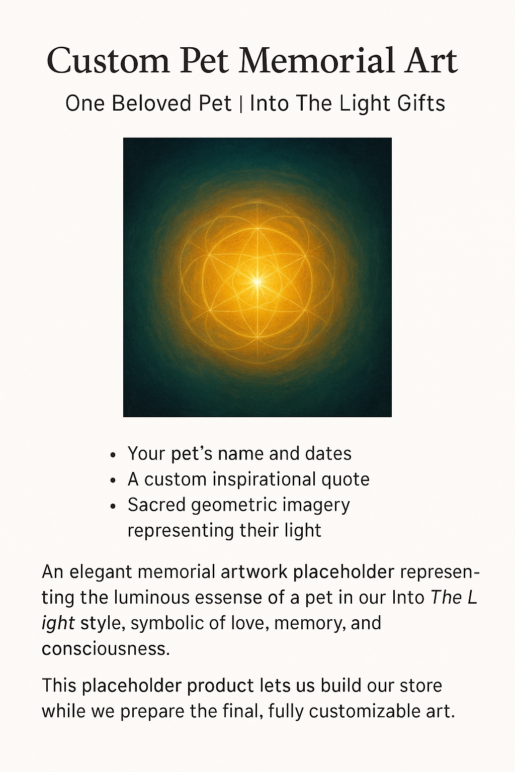 Custom pet memorial art with sacred geometric light — remembrance print for a dog, cat, or beloved animal companion.