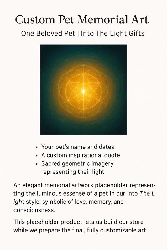 Custom pet memorial art with sacred geometric light — remembrance print for a dog, cat, or beloved animal companion.