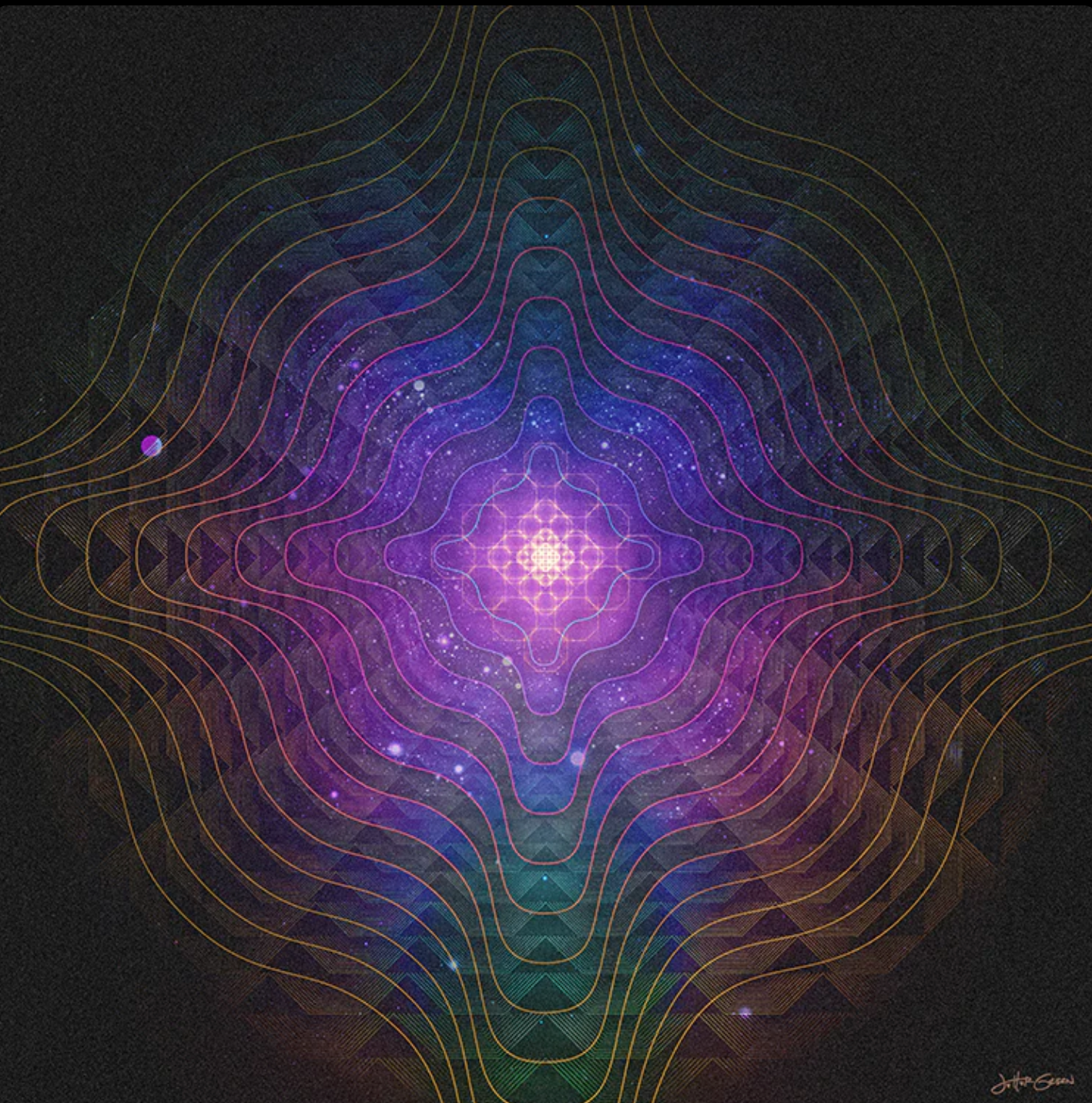 Radiant geometric artwork titled Quantum with multidimensional light
